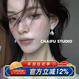 柴夫工作室/R665 港风文艺褶皱银杏滴釉鎏金耳钉复古轻奢气质耳环