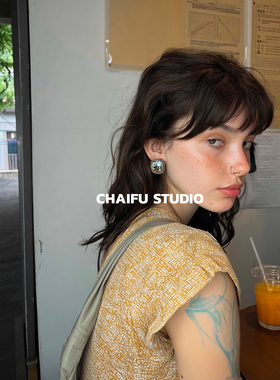 柴夫工作室/R243 港风复古几何爱心清透树脂耳钉超闪镶钻立体耳环