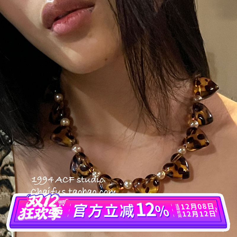 美式复古辣妹豹纹爱心项链