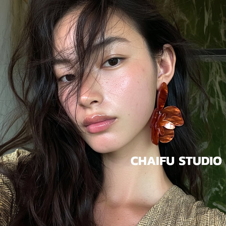 柴夫工作室/E266 复古琥珀棕夸张花朵亚克力耳钉美拉德晕染耳环