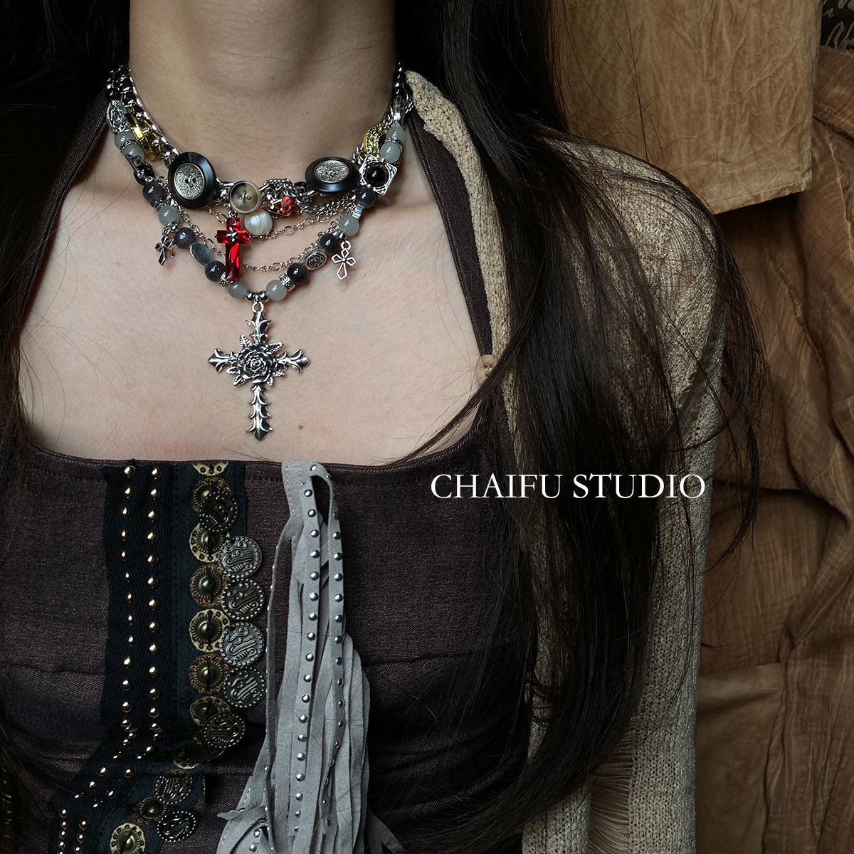 串珠叠戴设计感十字架玫瑰项链