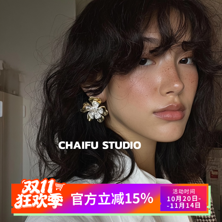中古风做旧撞色花朵耳钉