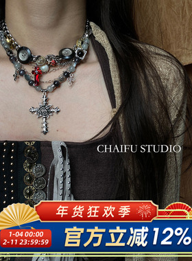 串珠叠戴设计感十字架玫瑰项链