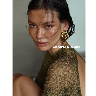 柴夫工作室 Vintage异形重工古铜爱心耳钉宫廷点缀琉璃耳环 E914