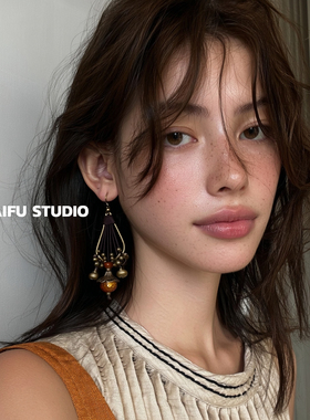 柴夫工作室/E324 复古民族风古铜色绑带缠绕铃铛耳环小众异域耳钩