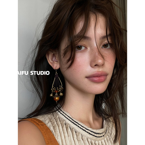 民族风古铜色绑带缠绕铃铛耳环