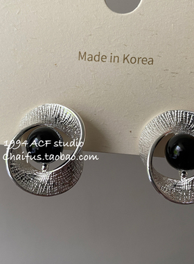 柴夫工作室/R435 法式冷淡风扭曲肌理感耳钉小众点缀黑色珍珠耳环