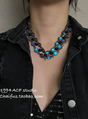 古着自愈极光蓝琉璃项链