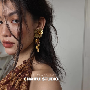 古早金色花朵亮片耳钉夸张大气复古耳环 快时尚 柴夫工作室 R825