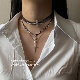 朋克多层十字架项链镶钻甜酷辣妹choker颈链 美式 柴夫工作室 X503