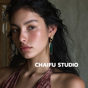 柴夫工作室/E141 西洋复古vintage碧绿水滴耳环小众设计感耳钉