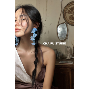 柴夫工作室 港风超仙雪纺花朵流苏耳钉复古水晶夸张独特耳环 R663