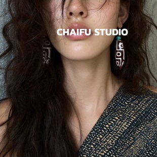 民族风图腾天珠耳环小众异域点缀松石耳钩 藏式 柴夫工作室 E294