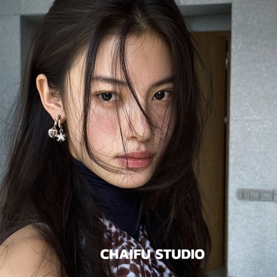 做旧爱心十字五角星锆石耳钉