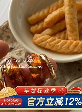 柴夫工作室/R455 港风复古撞色琥珀树脂耳钉小众文艺氛围感耳环