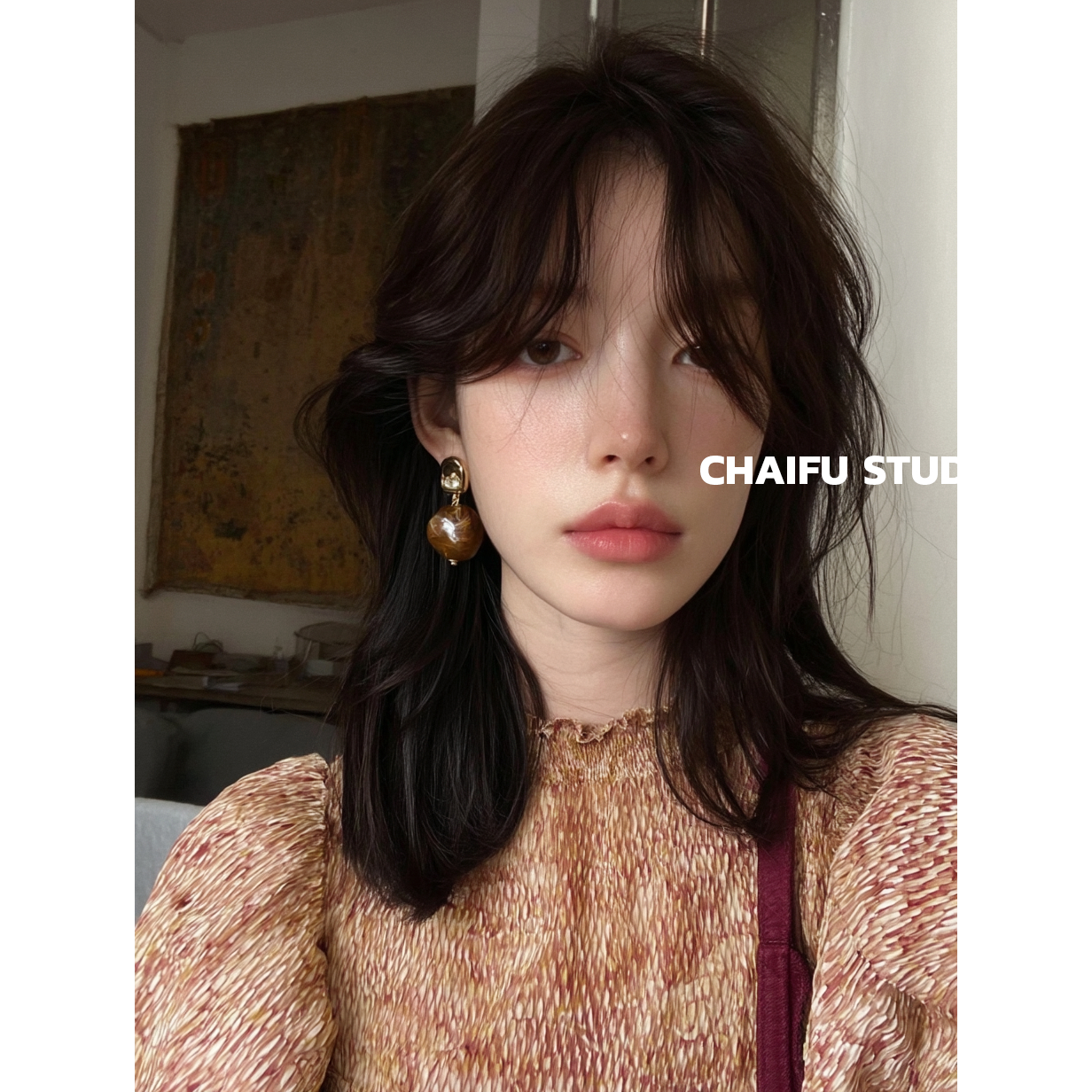 柴夫工作室/R895 复古琥珀几何不规则树脂耳钉法式金属小众耳环