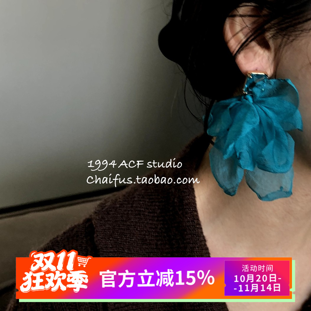 复古彩色网纱蝴蝶结锆石耳钉