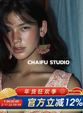 柴夫工作室/E733 波西米亚金属拉菲草扇形耳环海岛度假艺术感耳钩