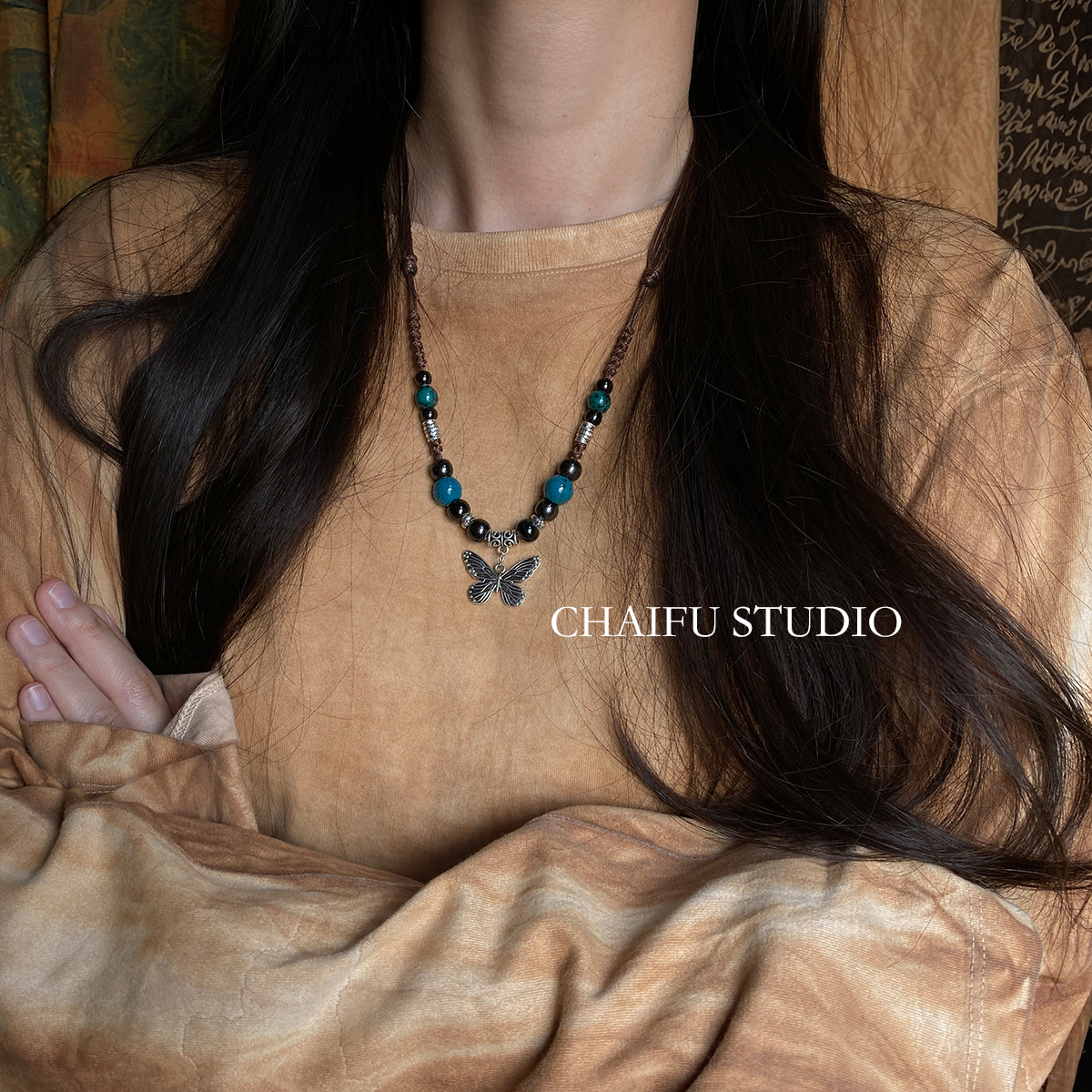文艺风做旧蝴蝶复古搭配小众项链