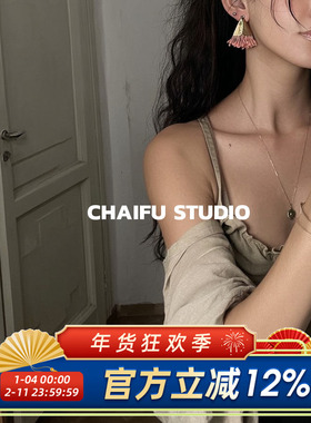 柴夫工作室/E385 海风招摇流苏拉菲草耳钉超仙少女氛围感度假耳环