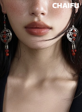 柴夫工作室/E338 国风苗疆特色镂空雕刻耳环古风圆牌汉服搭配耳钩