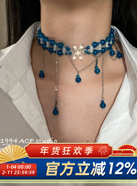 韩系轻奢蓝色串珠流苏锁骨链
