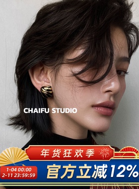 柴夫工作室/E225 复古黑金不规则斑马纹耳钉小众方形暗黑设计耳环