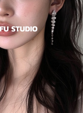 柴夫工作室/E493 ins日韩锆石微镶超闪气质长款耳钉极简小众耳环
