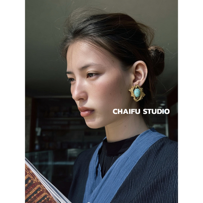 欧式宫廷绿松石雕刻纹理耳钉