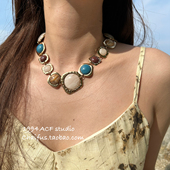 柴夫工作室 欧美夸张彩宝风几何项链复古做旧金属华丽颈链 X470