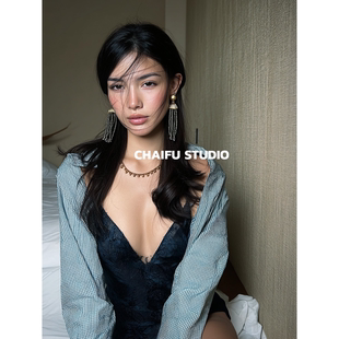 柴夫工作室 中古重工串珠琉璃点钻耳钉夸张宫廷设计流苏耳环 E182