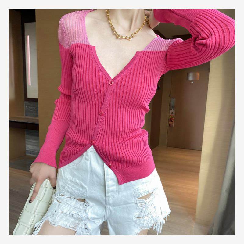 2023夏新款性感修身V领网纱拼接弹力针织开衫女不规则半透视上衣