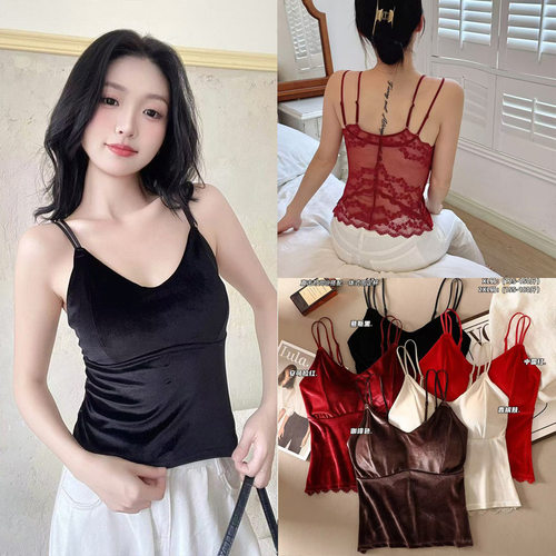 韩版丝绒蕾丝拼接吊带美