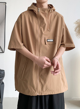 2024上新国风夏款纯色D休闲短袖衬衫男连帽拉链装饰衬衣潮流T恤