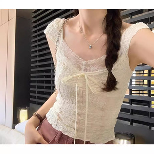 蕾丝辣妹吊带背心女V领锁骨小众短款 法式 外穿上衣 新款 2024年夏季