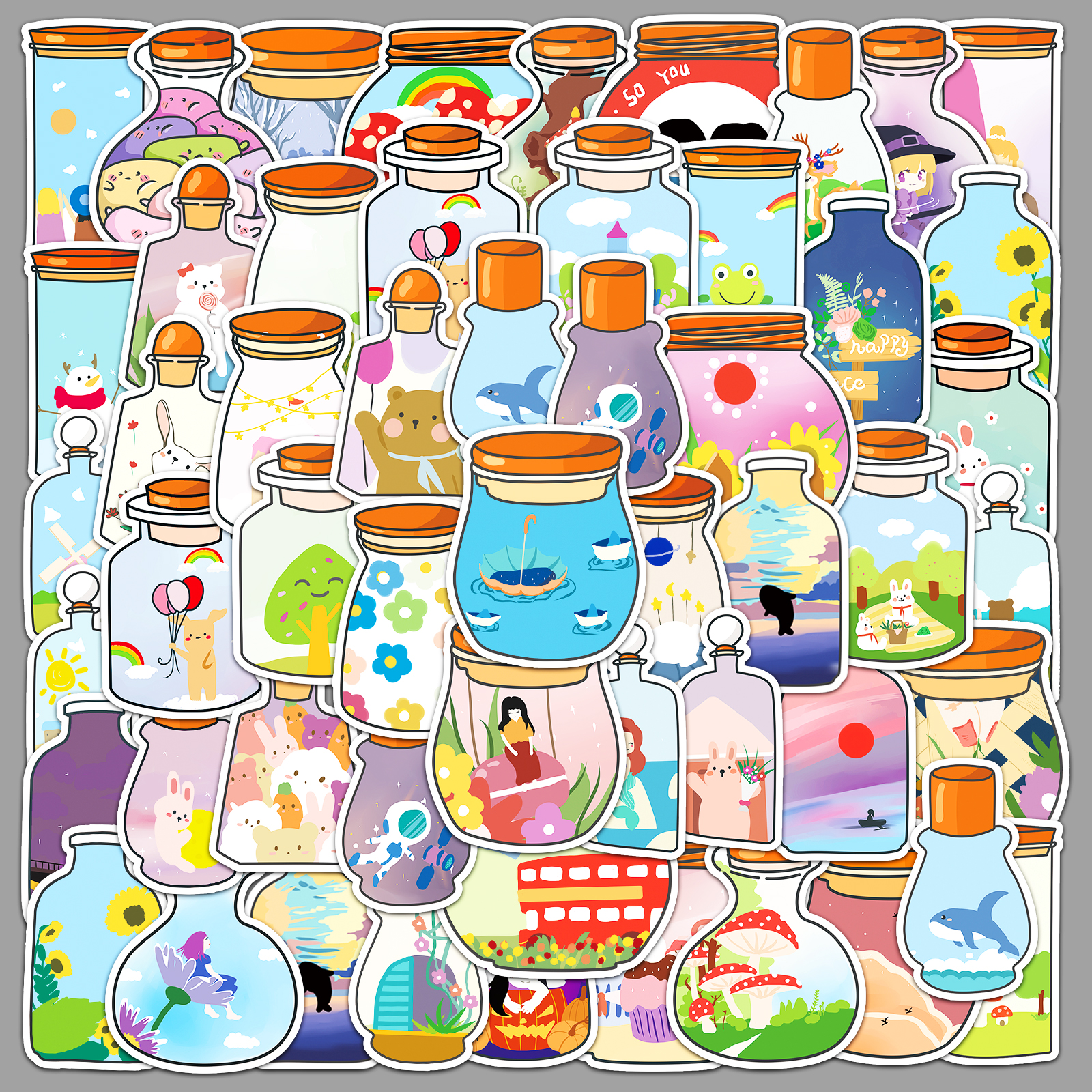 50张原创卡通瓶子贴纸可爱涂鸦儿童diy手账本笔记本电脑防水装饰