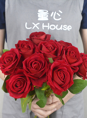 仿真花玫瑰花一支道具客厅餐桌绒布假花绢花花束红色仿真玫瑰假花