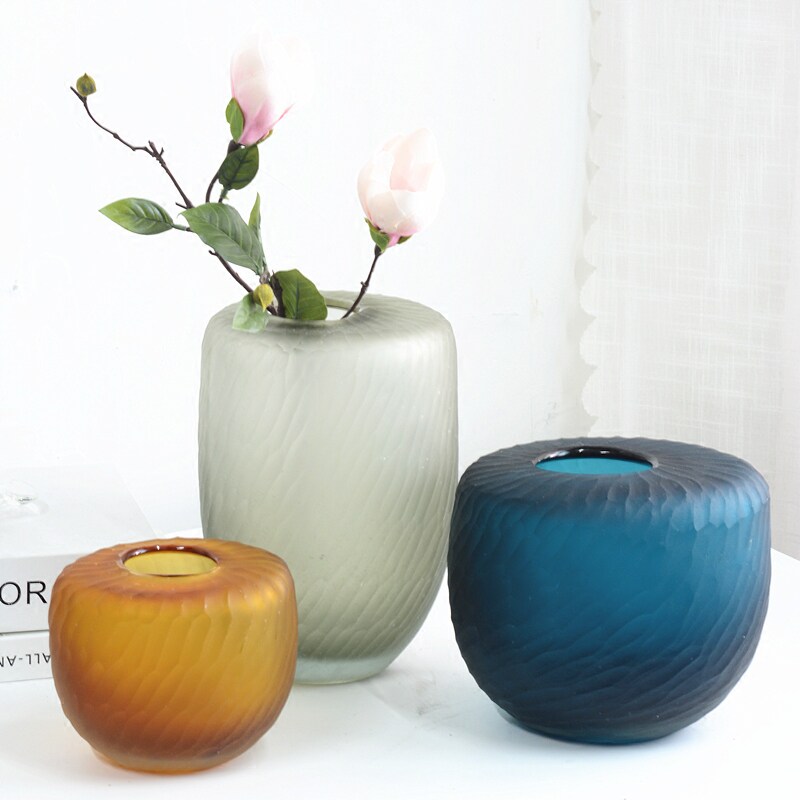 欧式玻璃摆件装饰花瓶插花器客厅样板房间磨砂桌面摆设玻璃制品