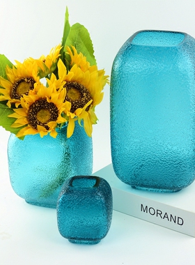 蓝色琉璃花瓶高档创意艺术客厅方形玻璃工艺品花器插花装饰摆件