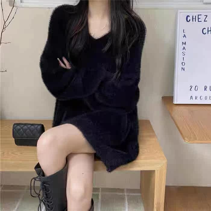 2022 새로운 겨울 출산 착용 모조 밍크 벨벳 출산 스웨터 중간 길이 겨울 두꺼운 느슨한 대형 게으른 여성