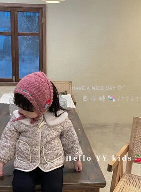 zz kids冬款韩国羊羔绒小碎花牛角扣夹棉棉服棉袄女童
