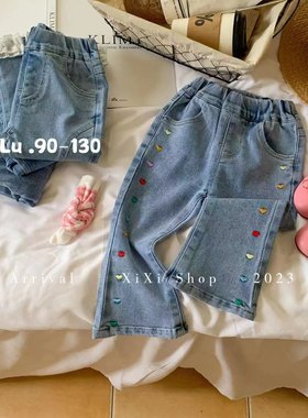 zz kids春夏新品彩色刺绣爱心水洗牛仔裤微喇小喇叭长裤女童