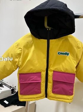 亏清zz kids冬款韩国彩色撞色拼色拼接连帽羽绒服外套男童女童