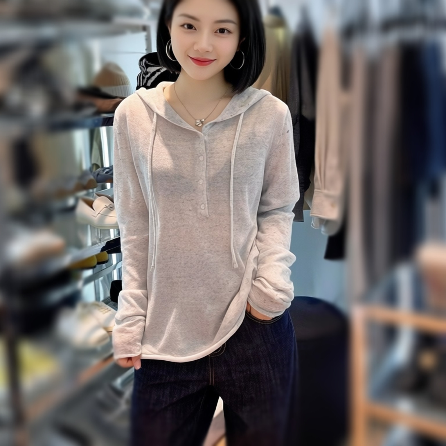 南油原创慵懒风羊毛连帽纽扣针织衫女长袖宽松套头微透上衣薄款图片