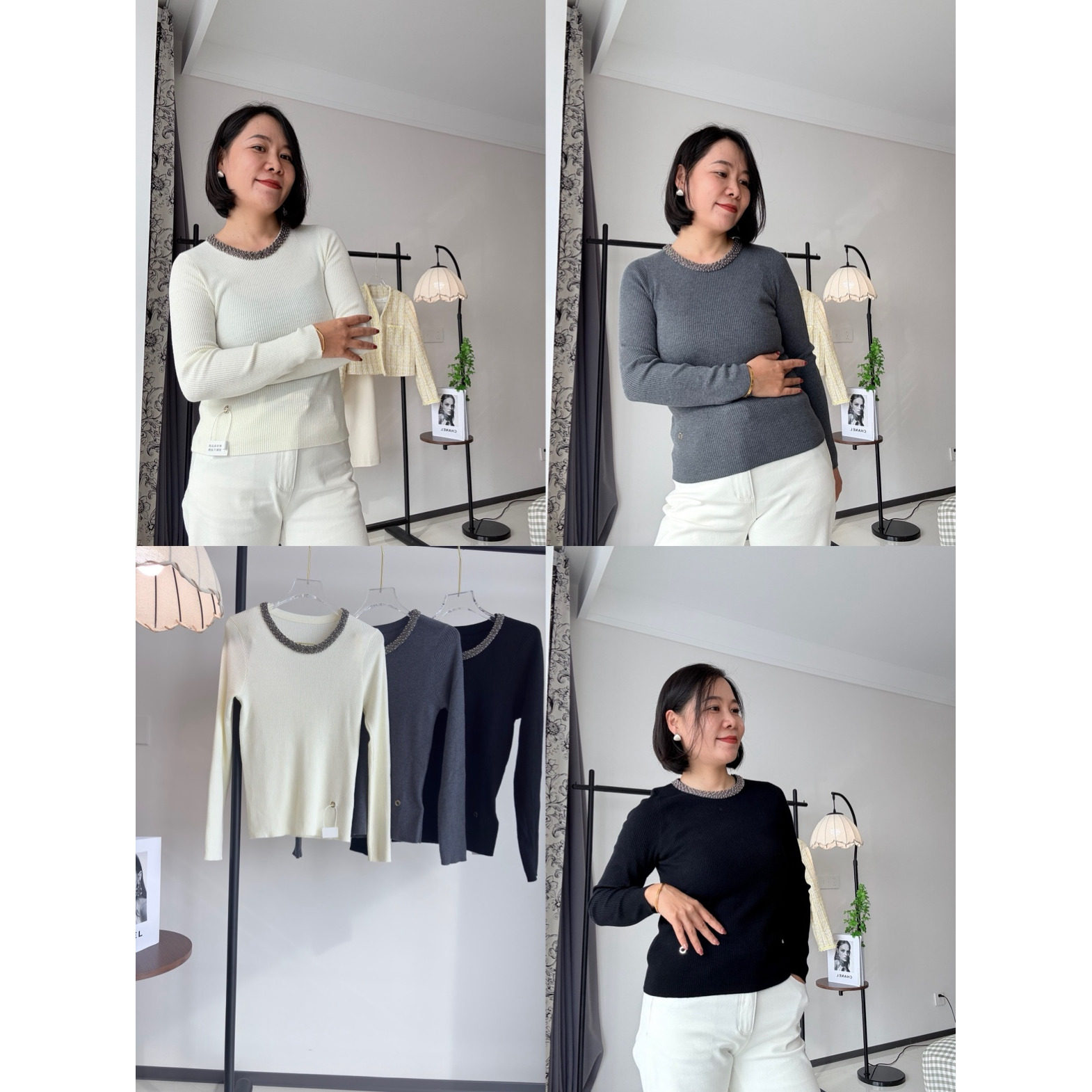 秋季新款圆领镶钻羊毛打底衫女宽松洋气针织上衣长袖百搭黑色毛衣