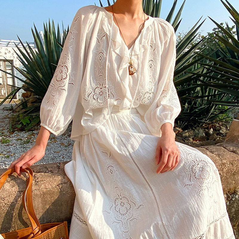 2026春季新款度假风镂空上衣+刺绣半身裙套装棉质外贸跨境女装夏