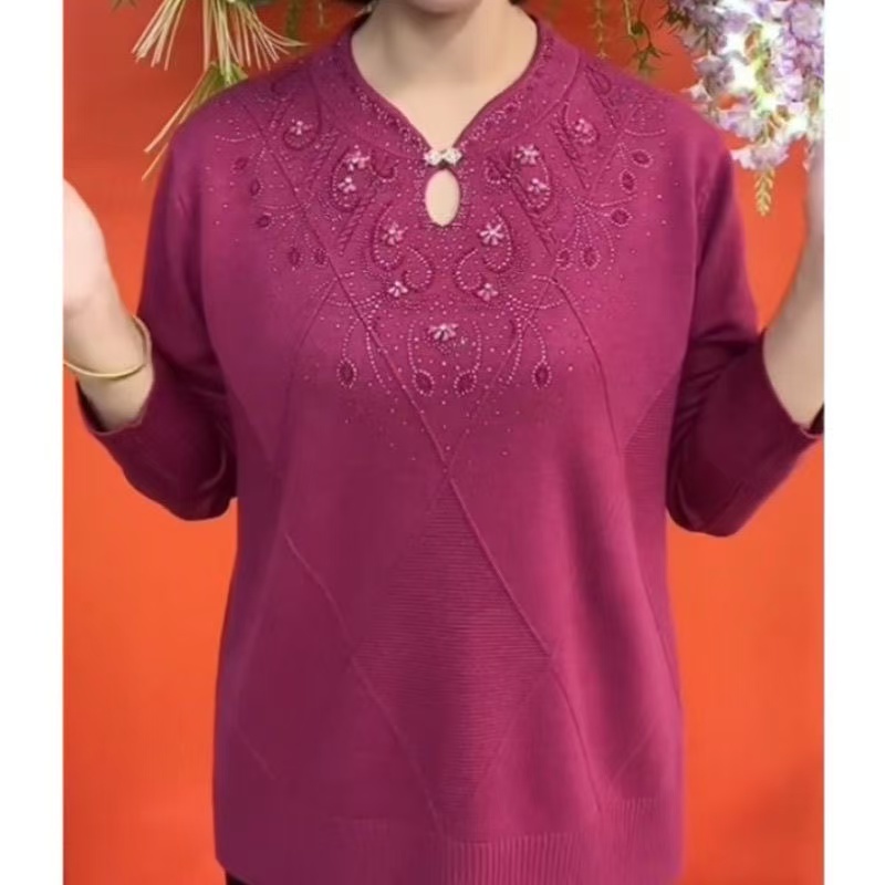 新款秋冬旗袍领妈妈衫针织衫洋气宽松毛衣女装中老年上衣打底