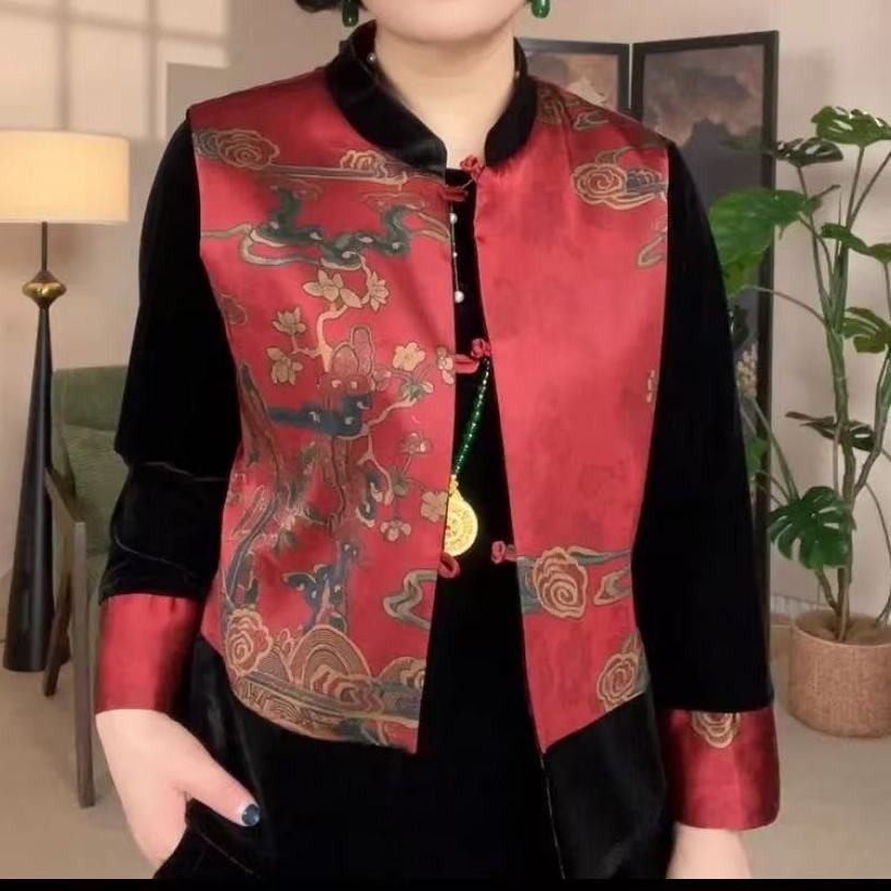 妈妈春装新中式上衣假两件套时尚中年女马甲外套中老年花色上衣