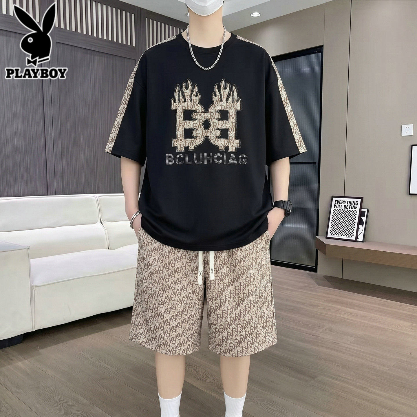 花花公子潮牌套装男士2026年夏季轻奢短袖t恤搭配休闲短裤男一套