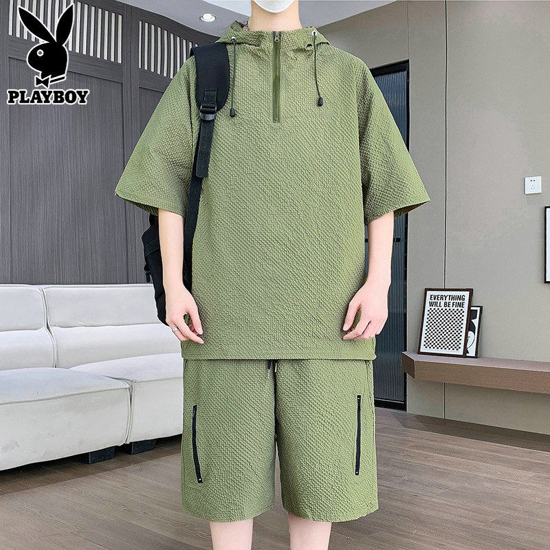 花花公子休闲运动套装男士夏季2026新款连帽短袖T恤短裤搭配一套